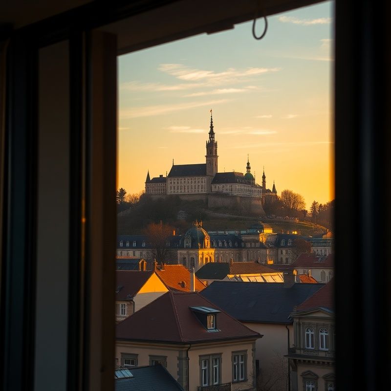 Panoráma Trenčína so siluetou Trenčianskeho hradu za oknom modernej kancelárie