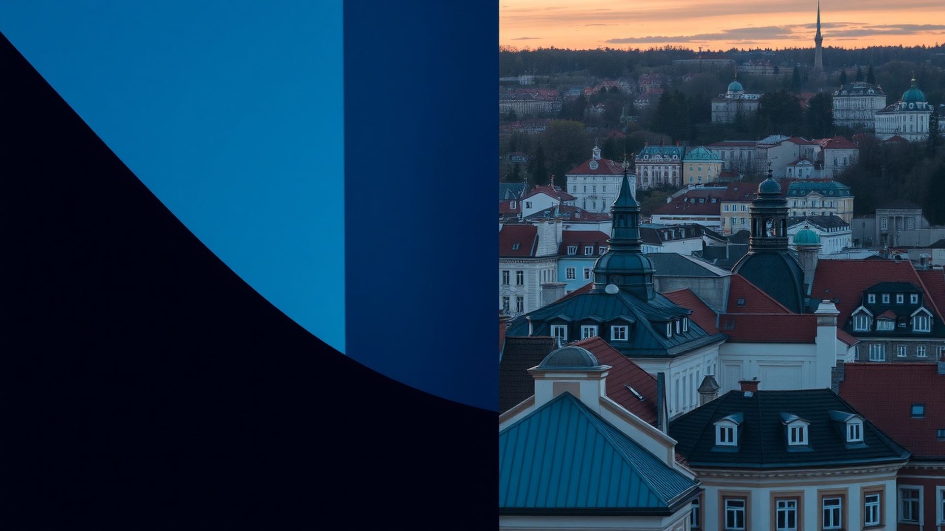 Editorial dual-frame vizuál: indigová architektúra štruktúry a slovenské strechy v teplom svetle